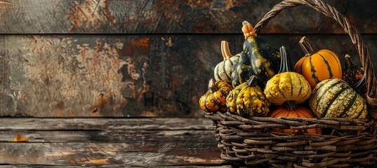 Gourds Arranged in a Rustic Basket for Autumnal Display - Powered by Adobe