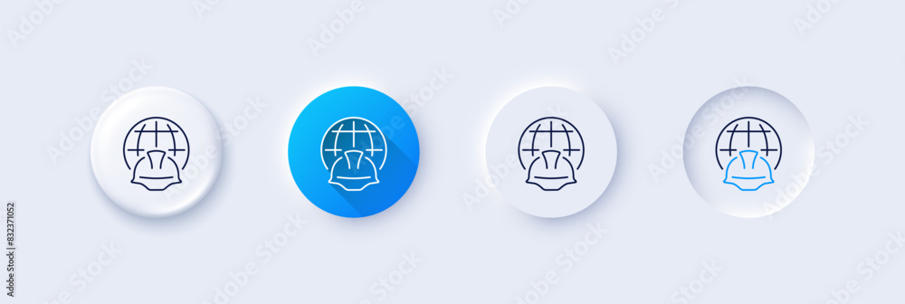 Poster global engineering line icon. neumorphic, blue gradient, 3d pin buttons. engineer or architect helme