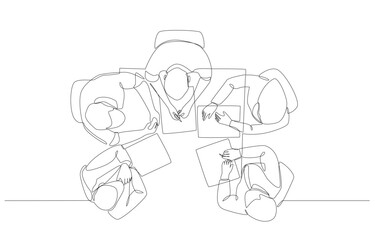 Continuous one line drawing of young businesspeople discussing about project progress from top view, business meeting and discussion concept, single line art.