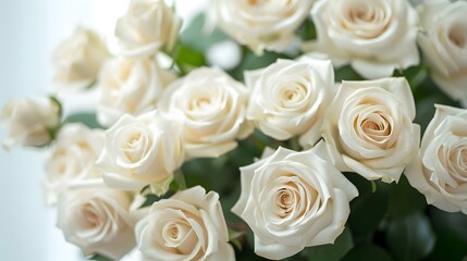 Obraz premium White roses background, a white rose bouquet against a white wall, white color background, a large bouquet of white roses in closeup with many blooming white roses, white background.