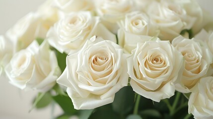 Obraz premium White roses background, a white rose bouquet against a white wall, white color background, a large bouquet of white roses in closeup with many blooming white roses, white background.