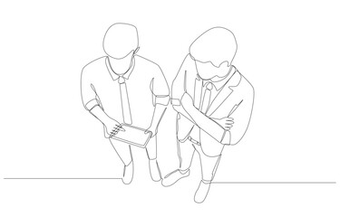 Continuous one line drawing of young businessman holding tablet to discuss work with colleague, consultation about work concept, single line art.
