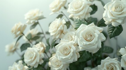 White roses background, a white rose bouquet against a white wall, white color background, a large bouquet of white roses in closeup with many blooming white roses, white background.
