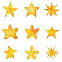 Obraz premium Hand painted watercolor cute yellow stars. Collection of decorative icons for celebrations, Christmas, Birthdays, invitations.