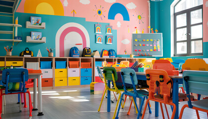 Fototapeta premium Interior of stylish empty classroom with backpacks and stationer