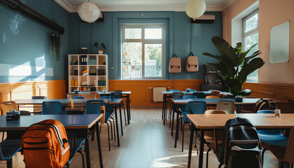 Interior of stylish empty classroom with backpacks and stationer