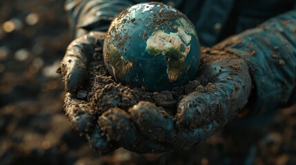 Fototapeta premium Gloved hands hold a miniature Earth, symbolizing environmental care and responsibility.