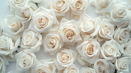 White roses background, a white rose bouquet against a white wall, white color background, a large bouquet of white roses in closeup with many blooming white roses, white background.