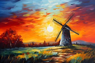 fascinating sunset adjacent to windmill. generative ai