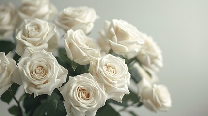 Obraz premium White roses background, a white rose bouquet against a white wall, white color background, a large bouquet of white roses in closeup with many blooming white roses, white background.