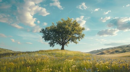 Obraz premium Landscape with tree on the hill. Blue nature background.
