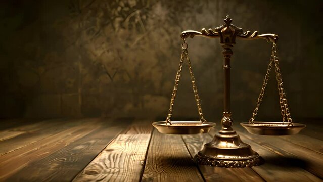 A scale of justice is positioned on a wooden table, symbolizing fairness and balance in the legal system.