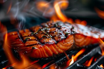 Tasty roasted salmon steak cooking over the grill with flames, photography 
