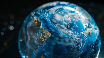 A close-up shot of a crystal-clear blue marble, symbolizing Earth's beauty and complexity