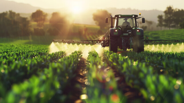 Modern agricultural equipment carries out chemical treatment on a green wheat field at sunset. A tractor sprays chemicals on a green field. Concept of agriculture, ecology.