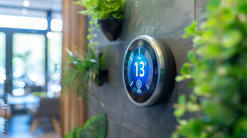 Aufkleber a close-up shot of a smart thermostat on a wall, displaying a digital interface with temperature set