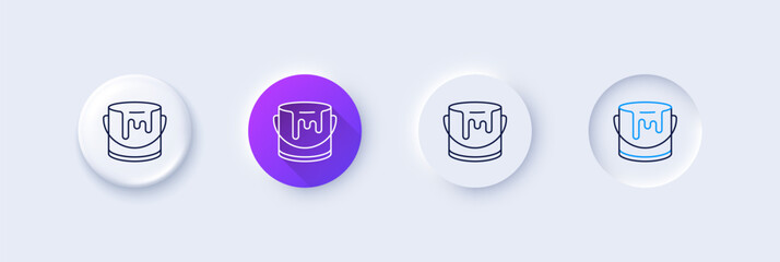 Paint bucket line icon. Neumorphic, Purple gradient, 3d pin buttons. Tin of acrylic paint sign. Painter can symbol. Line icons. Neumorphic buttons with outline signs. Vector