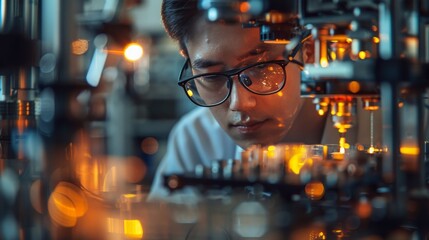 A close-up shot of a scientist adjusting a quantum sensor apparatus in a high-tech laboratory, showcasing the precision and complexity of quantum metrology research.