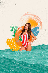 Vertical photo collage of happy sexy girl instructor wear striped swimsuit hold lifebuoy sea...