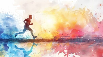 Colorful watercolor artwork of a runner in silhouette, embodying energy, movement, and motivation against a vibrant background.