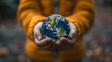 Fototapeta premium A conceptual image of a person holding a miniature globe in their hands, with a focus on the fingers gently supporting the sphere, suggesting care and responsibility for the planet