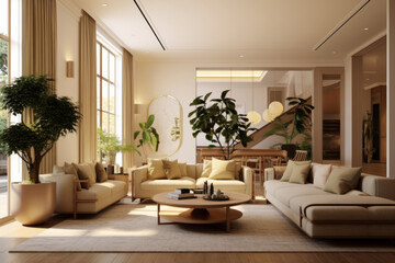 Interior design. Computer Generated Image Of Modern apartment living room. Architectural Visualization. 3D Render.
