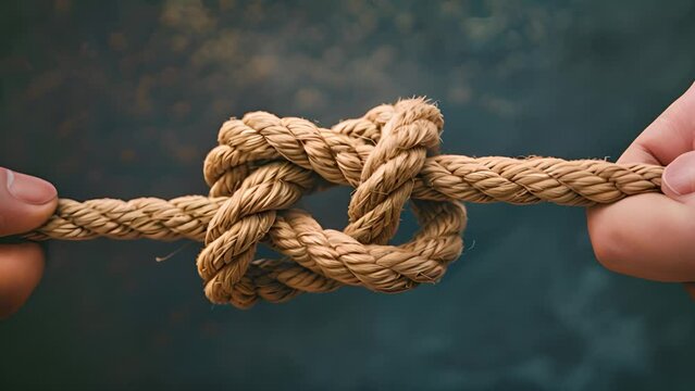 Close-up of two hands tightly gripping a rope with a knot tied in the middle, showcasing strength and stability.