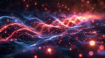 Fototapeta premium A conceptual image of quantum communication, illustrating data transmission through quantum entanglement, with particles connected by luminous threads, representing the instant and