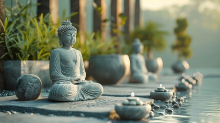 A photo of a Buddha statue sitting in a peaceful garden.