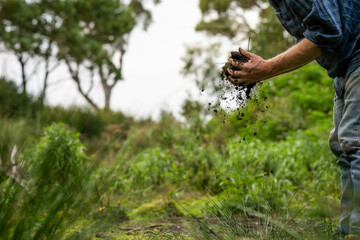 Holding soil in a hand, feeling compost in a field in Tasmania Australia.