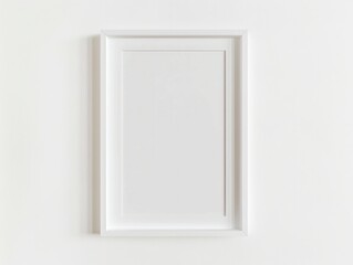 White frame mockup on white background, vertical blank poster or picture with thin frame for artwork, design template