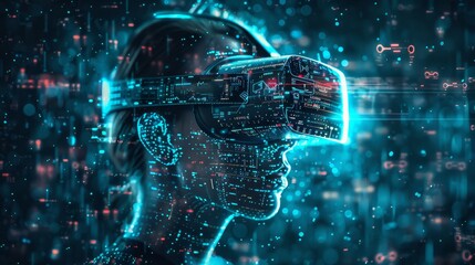 A futuristic image of a person wearing virtual reality glasses, surrounded by digital code and security symbols, illustrating privacy in the digital age.