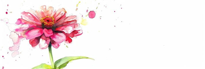 Delicate watercolor drawing of a pink zinnia flower in full bloom against a white background with paint splatters.