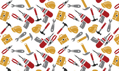 Stock vector illustration set isolated icons building tools repair, construction buildings, drill, hammer, screwdriver, saw, file, putty knife, ruler, helmet, roller, brush, tool box, kit flat style