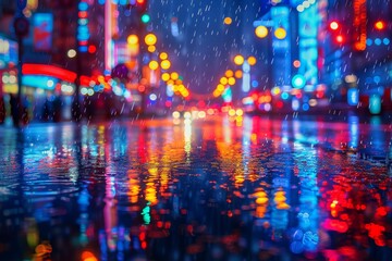 A colorful night scene with rain on city streets reflecting neon lights and signs