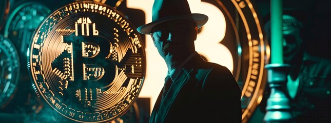 A thrilling detective story scene where clues are tied to Bitcoin's halving cycles.