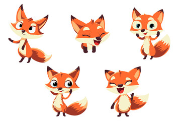 Set of cute foxes with different emotions. Cartoon foxy characters. Happy funny forest animals. Vector fox