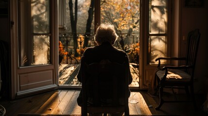 Silhouette of an elderly woman sitting in a chair by a window, looking out at the autumn foliage.