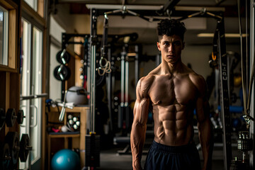 Naklejka premium Man Standing in Front of Gym Machine