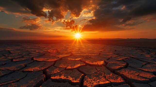 A striking image depicting a cracked, parched earth under a scorching sun, symbolizing the harsh effects of global warming and climate change on our environment