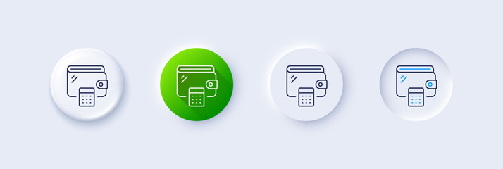 Wallet line icon. Neumorphic, Green gradient, 3d pin buttons. Money purse with calculator sign. Cash budget symbol. Line icons. Neumorphic buttons with outline signs. Vector