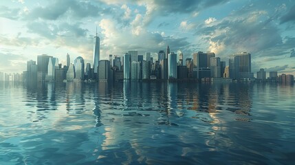 A thought-provoking illustration depicting a city skyline submerged in rising sea levels, with only the tops of skyscrapers visible above the water