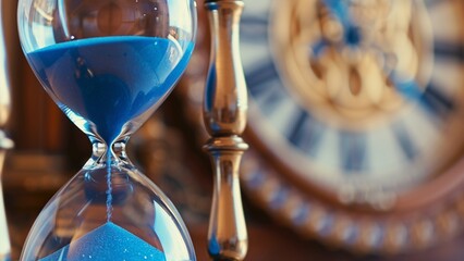 a sand hourglass with blue sand, in front of a blurred background showing a wall clock.
