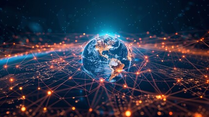 An abstract illustration of a globe surrounded by a web of interconnected lines and nodes, representing a global network