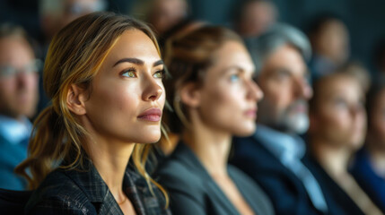 Obraz premium A group of colleagues in office clothes sits in a meeting room, listening to a speech. A young woman and a man listen to educational courses while working in the office.