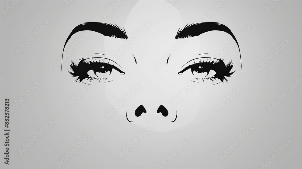 Poster minimalist black and white illustration of expressive eyes with bold eyebrows and elegant lashes, cr
