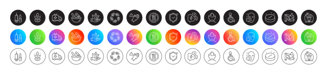 Medical vaccination, Disability and Shield line icons. Round icon gradient buttons. Pack of Vaccine protection, Mental conundrum, Organic product icon. Gluten free, Salad, Stress pictogram. Vector