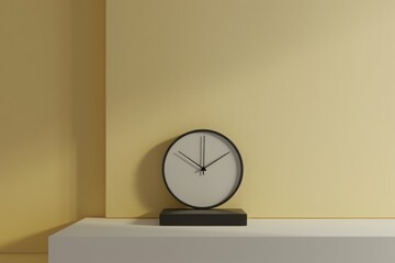 Minimalist black and white round clock on a modern white shelf against a pale yellow wall, showcasing contemporary interior design.