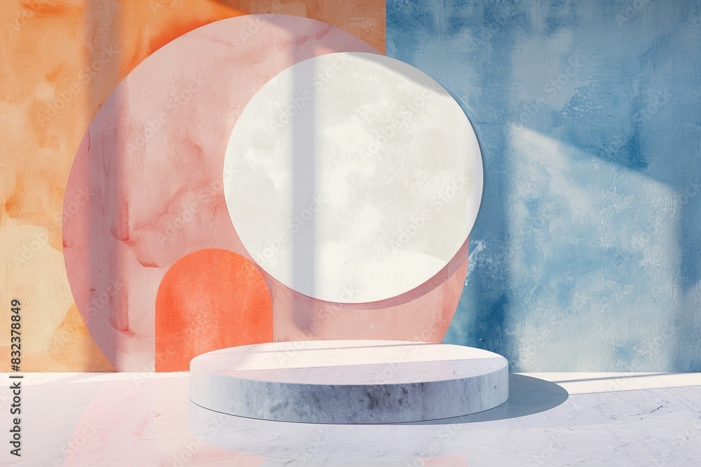 Poster minimalist geometric abstract background with colorful shapes and a round platform for product displ