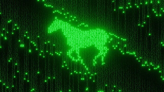 A matrix thousand texts falling  motion graphic animation with a horse running scene as 3d modeling procedural effects and materials.